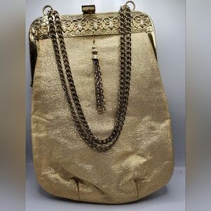 Vintage 50's Filigree Lame Purse Evening Bag Handbag Gold tone 9" X 7" Chain